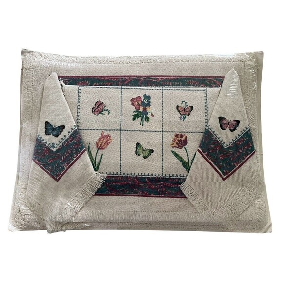 Vintage Stevens Linen Placemats Napkins Cup Towel Original Packaging Butterflies - Picture 1 of 7